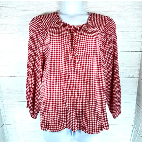 Old Navy xl women red white gingham check peasant blouse cottage coquette fall - Picture 1 of 8